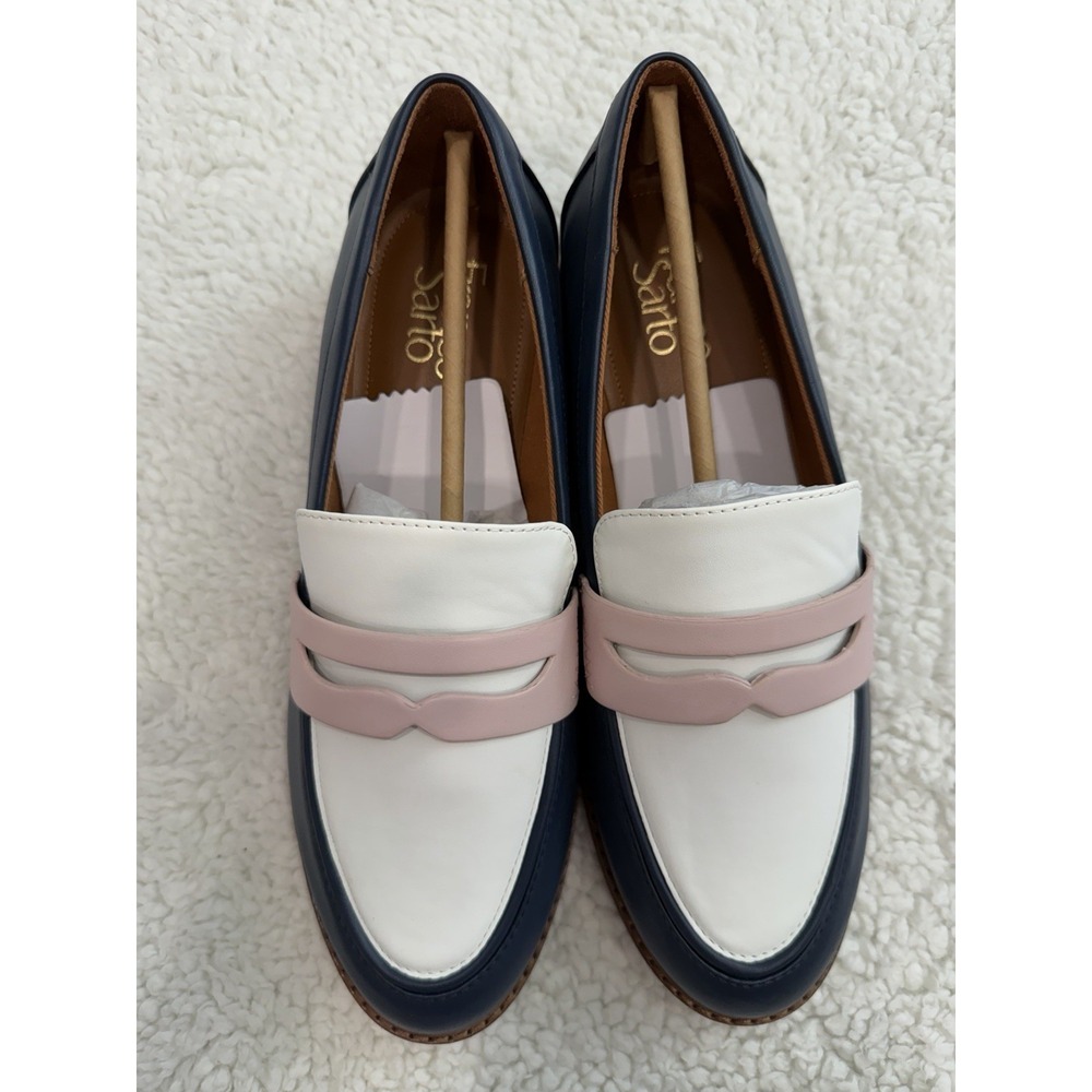 Franco Sarto Chrissy Penny Loafers Navy White Pink Women's Size 9 Wide NWT